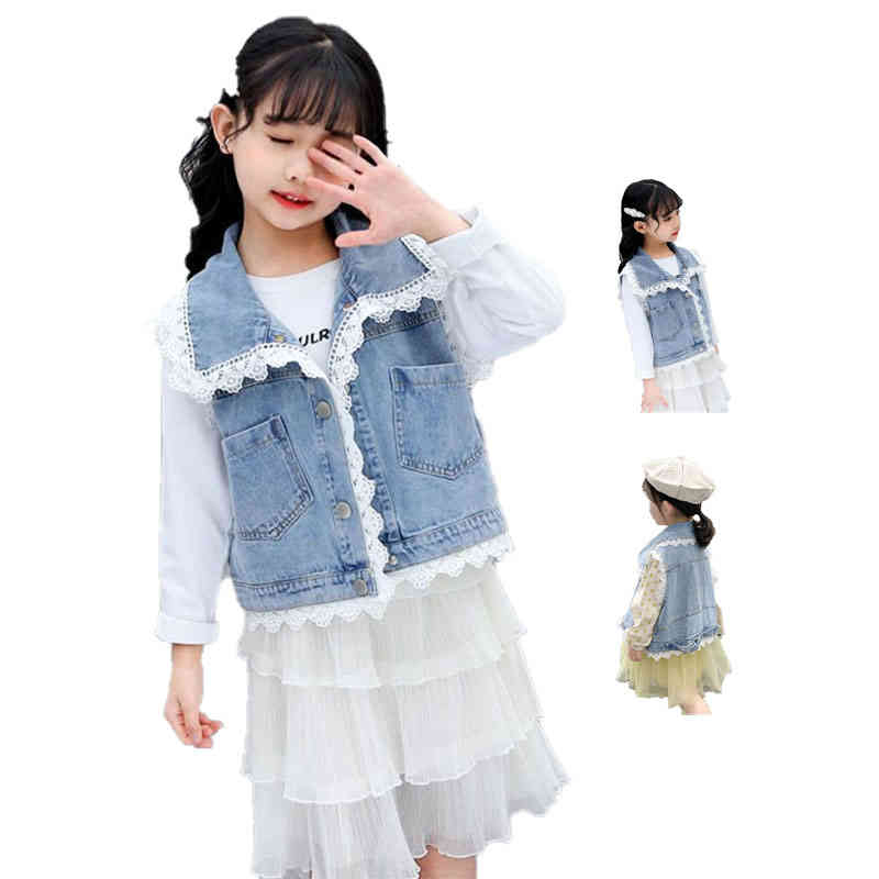 【コスパ最高！期間5倍積分！11/17まで】デニムベスト キッズ レースベスト ショートベスト フリル ショート丈 レース付き カジュアルベスト 無地 シンプル 折襟 カジュアル おしゃれ 子供服 おでかけ ノースリーブ フリルベスト デニム