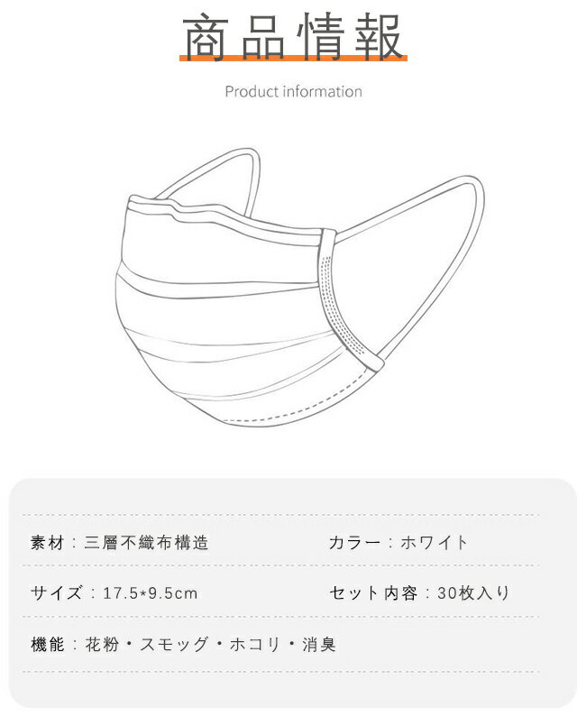 【赤字処分】【翌日発送】【ネコポス発送】マスク 不織布マスク 30枚入 三層構造 花粉症対策 男女兼用 ホコリ対策 使い捨て プリーツタイプ ノーズワイヤー 送料無料 激安