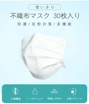 不織布マスク 30枚入 【5月10日より順次発送】5 白 使い捨て ホワイト 三層構造 花粉症対策 男女兼用 フェイスマスク ホコリ 対策 使いきり 使い捨てタイプ 立体 プリーツタイプ ノーズワイヤー 送料無料 激安