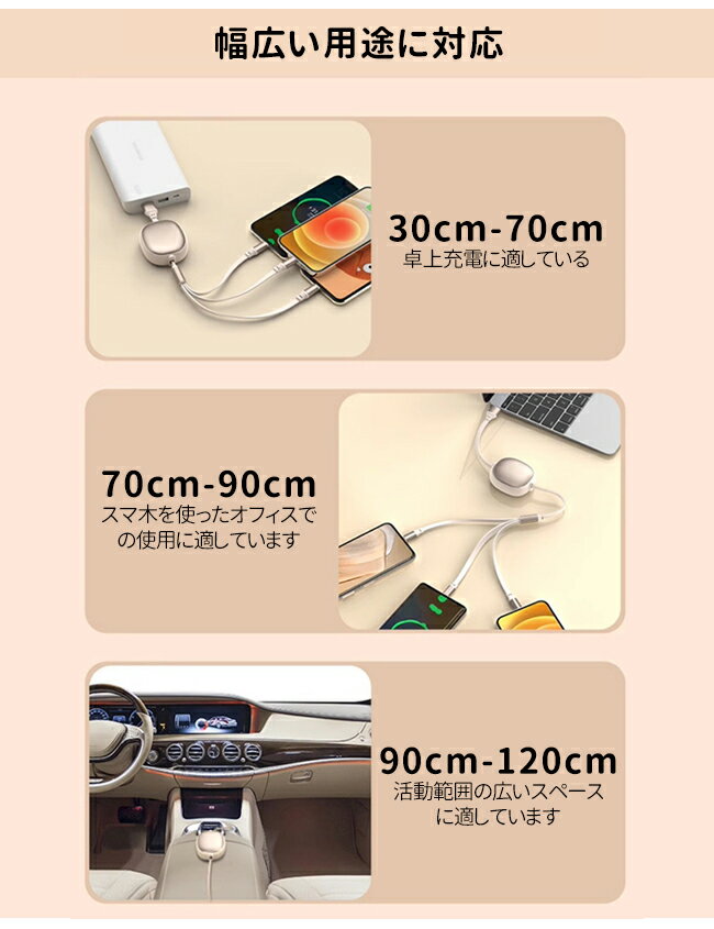 3in1 充電 ケーブル 急速充電 巻き取り式充電ケーブル リール式充電ケーブル マルチケーブル スマホ usb 3in1ケーブル 充電　iPhone microUSB type-c ライトニング タイプc アイフォンケーブル 充電コード 三股 巻き取り　1m