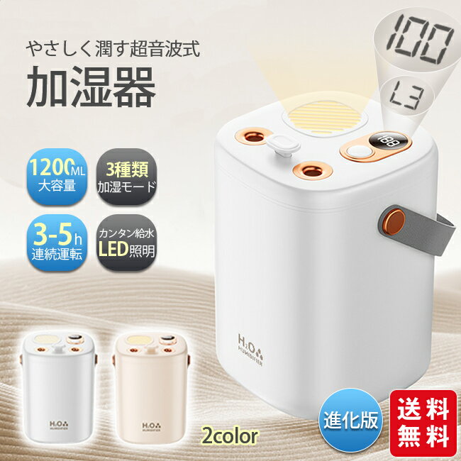 超音波加湿器 ダブルノズル ナノミスト 1.2L大容量 空気清浄 アロマ LEDライト 3種類加湿モード 長時間運転 乾燥 花粉対策 上部給水式 type-c充電式