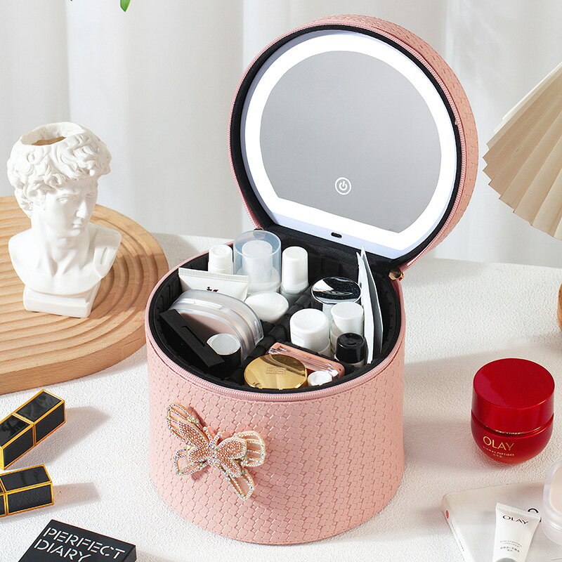 メイクボックス 円形 LEDミラー付き 防水 PUレザー コスメ収納 大容量 化粧ケース トラベル用 持ち運び ライト付き鏡 3色調光 おしゃれ 高級感 バタフライ メイクアップ cliosi-10007082 cliosi パッケージ画像