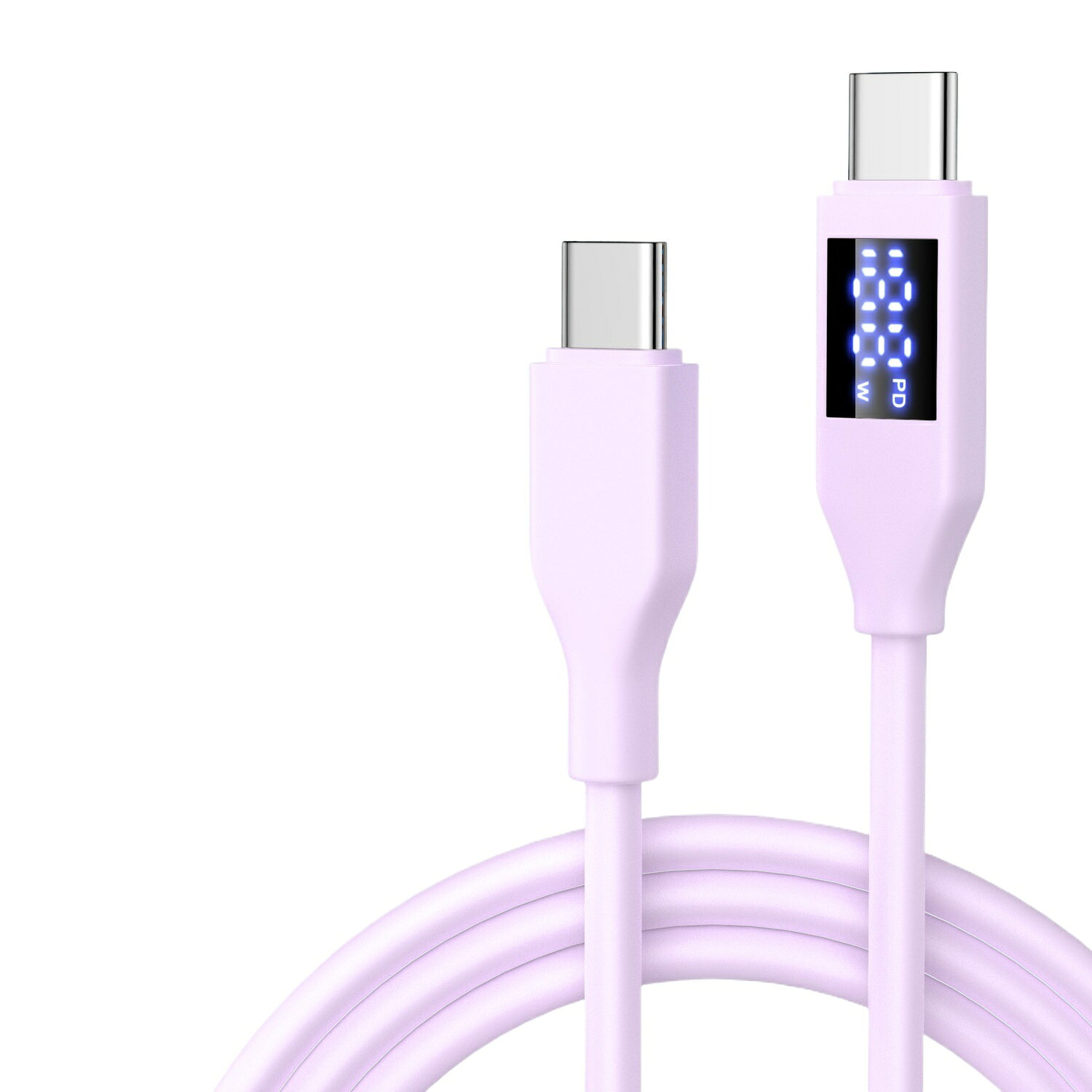 60W PD急速充電ケーブル Type‑C to Type‑C 1.5m LEDデジタルディスプレイ付き 液状シリコーン素材 柔らかく絡まない 電流電圧リアルタイム表示 断線防止 高耐久 スマホ ノートPC タブレット対応 高速データ転送 熱に強い 繰り返し曲げOK 家用 オフィス用 長めケーブル アンド