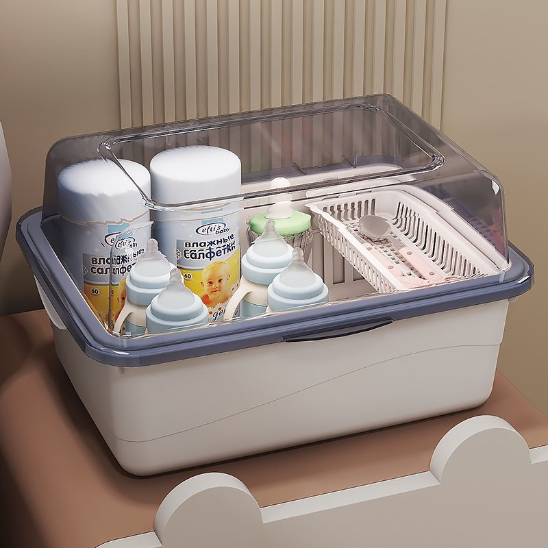 哺乳瓶収納ボックス 大容量 フタ付き 防塵 水切りラック ベビー用品 離乳食 食器 おもちゃ 収納 スタンド付き ベビーグッズ