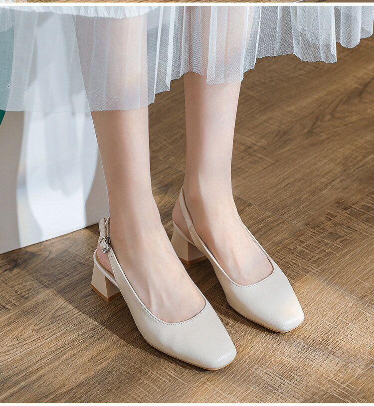 パンプス バックストラップ チャンキーヒール 5cm スクエアトゥ レディース PU ゴ...