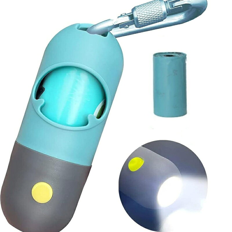 素材：PETサイズ：10*4.5cmサイズ：本体+ ゴミ袋8ロールゴミ袋枚数：15枚/ロールLED ライト搭載のうんち袋収納ケース、リードに簡単取り付け可能で夜のお散歩時に暗い場所も照らせ、うんち袋をスムーズに取り出せます。