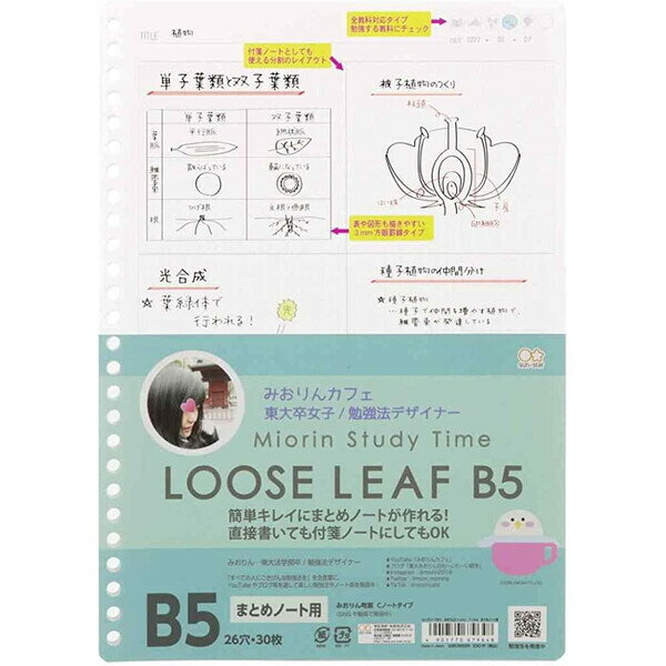 【1000円以上お買い上げで送料無料♪】ルーズリーフ B5 みおりん Study Time まとめノート用 30枚入 26穴 勉強法 ノート術 中学生 日本製 - メール便発送のサムネイル