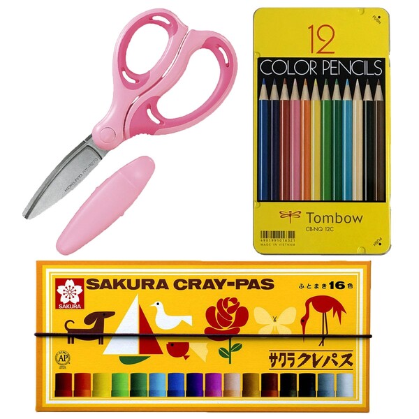 【送料無料】クレパス 16色 色鉛筆 12色 はさみ(ピンク) 右手用 3点セット 入学セット お祝い - メール便発送