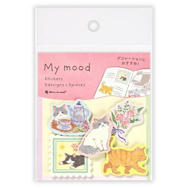 Rakuten - 【1000円以上お買い上げで送料無料♪】フレークシール My mood ピンク 5柄×各5枚 ネコ 花 スタンプ 和紙 封緘 デコレーション かわいい エヌビー社 - メール便発送