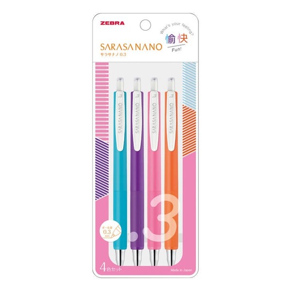 【1000円以上お買い上げで送料無料♪】ゼブラ SARASA NANNO サラサナノ 0.3mm 4色セット 愉快 極細 ジェルインク ボールペン 手帳 - メール便発送