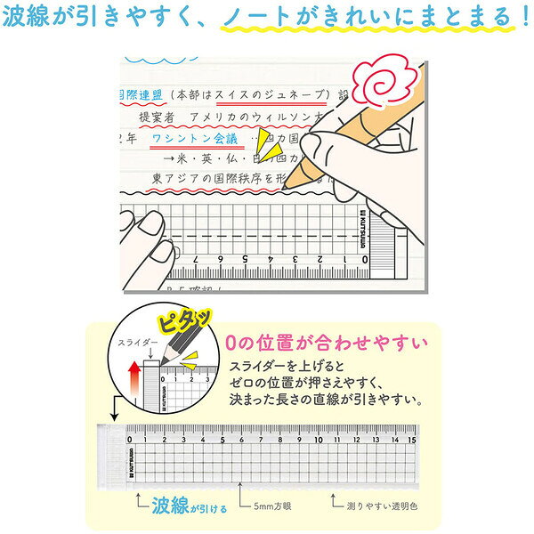 【1000円以上お買い上げで送料無料♪】波線も引ける直定規 15cm パープル 透明 方眼...