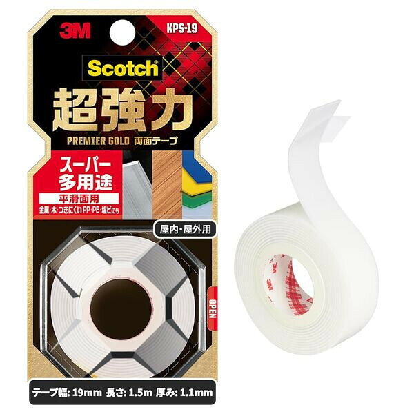 商品名スリーエム 3M スコッチ 超強力 両面テープ プレミアゴールド スーパー多用途 平滑面用 白 19mm×1.5m 屋内 屋外説明軟質塩ビやプラスチックなどに♪屋内外で使える、超強力タイプの「両面テープ」です。柔軟で強靭なアクリルフォーム基材にアクリル系粘着剤を塗布した超強力両面テープです。素材の変形や縮みにもよくなじみ、振動する場所でも高い接着力を発揮し、金属(鉄・アルミ・ステンレスなど)・木・ガラス・内装タイルの他、ポリプロピレン・ポリエチレンなどの接着しにくいプラスチックにも使えます。使用温度範囲は、-20〜80度と広範囲。【サイズ】約幅19mm×長さ1.5m【材　質】基材=アクリルフォーム、粘着剤=特殊アクリル系【使用温度範囲】-20〜80℃【貼り付け時の温度】10℃以上【用　途】金属、木、軟質塩ビプラスチックなどの接着【生産国】中国【ご注意】※本製品は使用方法・使用条件により思わぬ損害を生じることがありますので、事前に目的の用途に適するかどうかをご確認ください。品番KPS-19この商品について 必ずご確認ください配送についてメール便での配送になります。→ご利用の際は必ずお読みください 送料について ご注文合計額が￥1000 (税込)以上で、全国一律『送料無料』です。 →詳細はこちら返品→返品・交換・キャンセルについて※メール便は、日時指定、代金引換、ギフトラッピング・熨斗サービスに対応しておりません。