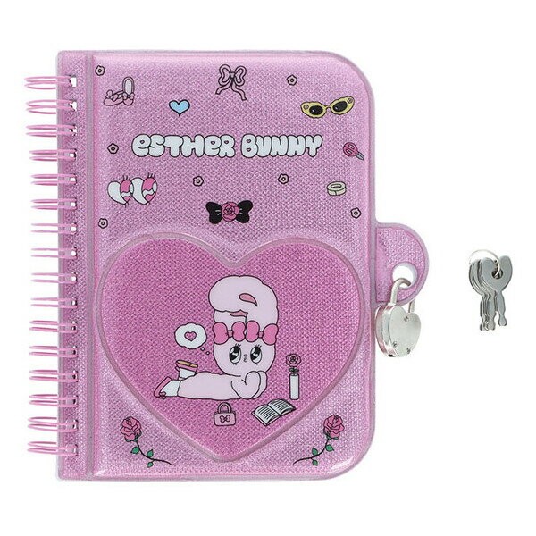 【送料無料】エスターバニー 鍵付きノート A6 ピンク リング ハート ラメ表紙 交換日記 秘密 平成レトロ かわいい サンスター文具 - メール便発送