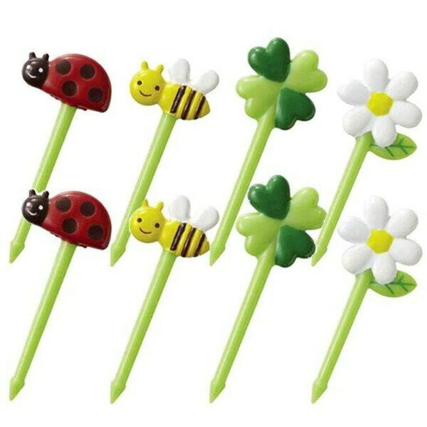 【1000円以上お買い上げで送料無料♪】ハニー&フラワーピック 4柄×各2本 8本入 てんとう虫 ハチ 飾り デコ 弁当 遠足 ピクニック パーティ かわいい トルネ - メール便発送
