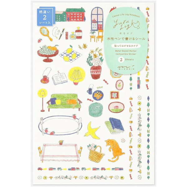 乐天商城 - 【1000円以上お買い上げで送料無料♪】ゆるログ 水性ペンで書けるシール 柄違い2枚入 暮らし柄 和紙 貼ってはがせる 手帳 ノート デコ かわいい 日本製 ミドリ - メール便発送