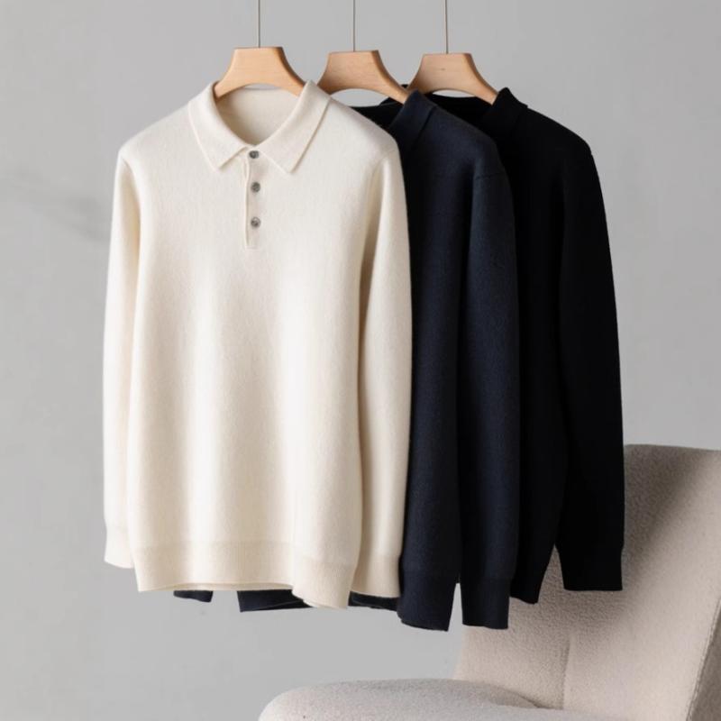 ニット メンズ 男性用 セーター シャツ襟 ハーフボタン プルオーバー 厚手 無地 ビジネス フォーマル 暖かい 秋冬 白 グレー 黒