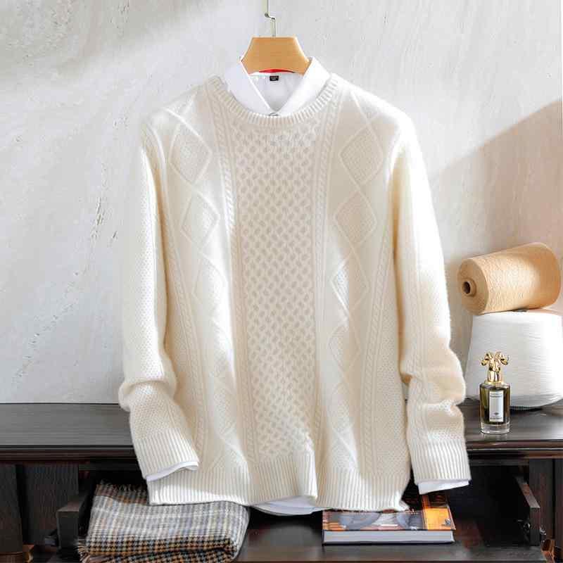 ニット メンズ 男性用 セーター クルーネック プルオーバー 長袖 厚手 ウール トップス 秋冬 防寒 暖かい ストライプ柄 カジュアル オフホワイト ダークグリーン