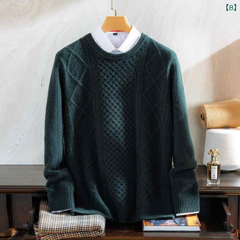 ニット メンズ 男性用 セーター クルーネック プルオーバー 長袖 厚手 ウール トップス 秋冬 防寒 暖かい ストライプ柄 カジュアル オフホワイト ダークグリーン