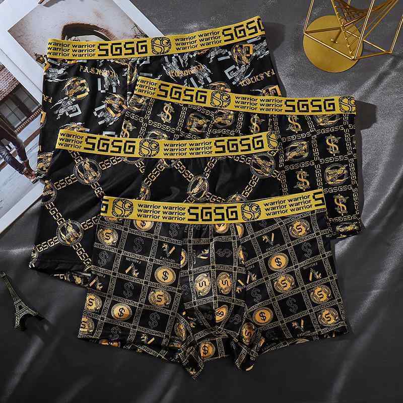 ボクサーパンツ メンズ 男性用 下着 ポリエステル 通気性 高弾性 黒 ゴールド プリント 中腰 オールシ..