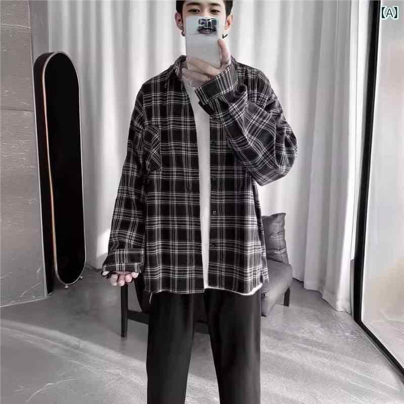 シャツ メンズ 長袖 チェック柄 ネルシャツ 配色 襟付き ポリエステル 普段使い レトロ 合体型 ブラック レッド ネイビー M L XL XXL XXXL