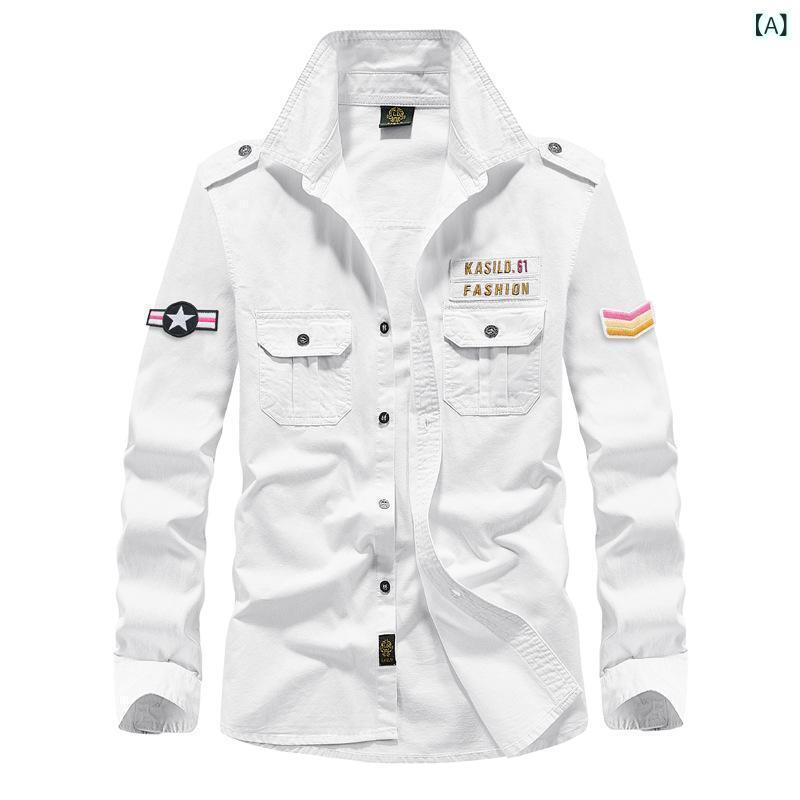 シャツ メンズ 長袖 コットン ミリタリー カーキ ワークシャツ 大きいサイズ ゆったり 白 緑 紺色 黒 春秋