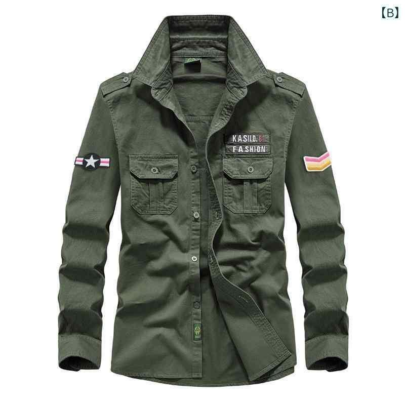 シャツ メンズ 長袖 コットン ミリタリー カーキ ワークシャツ 大きいサイズ ゆったり 白 緑 紺色 黒 春秋