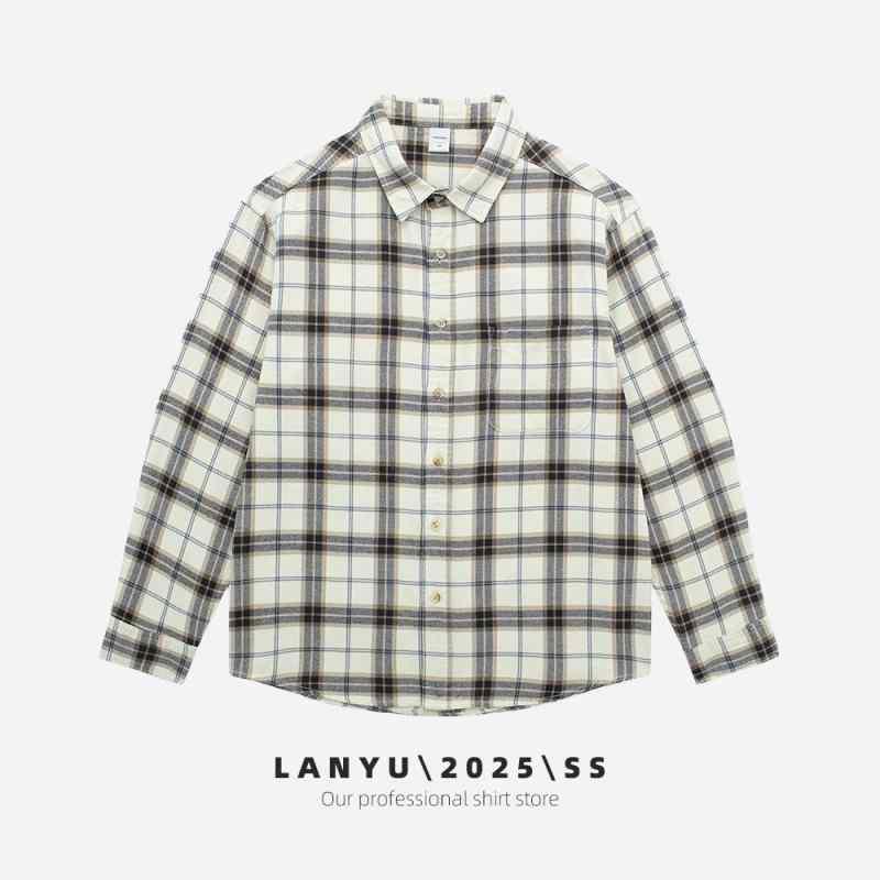 シャツ メンズ 男性用 長袖 コットン トップス アメリカン レトロ ダブルポケット ワークシャツ カジュアル ゆったり 春秋 米白 黒(x2)