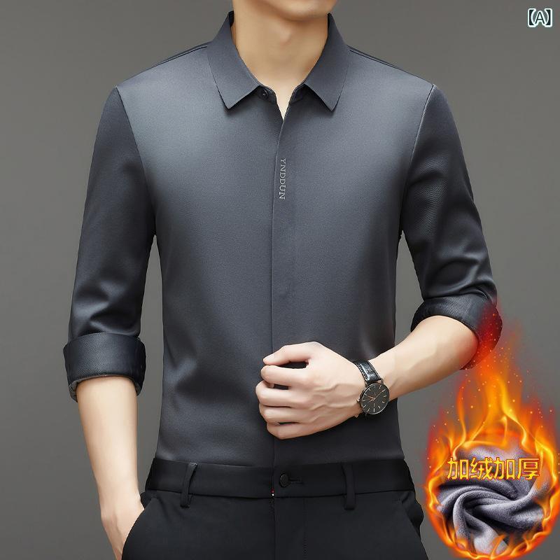 シャツ メンズ 長袖 防寒 裏起毛 厚手 ビジネス 無地 ポリエステル 形態安定 グレー ブラック レッド(x2)