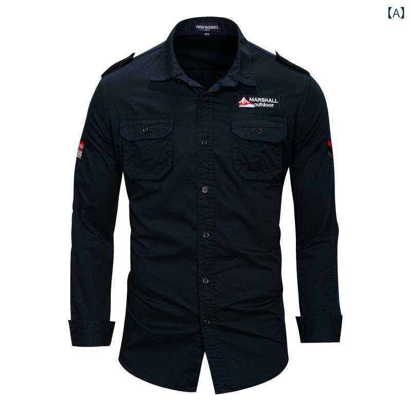 シャツ メンズ 男性用 長袖 コットン 翻領 アウトドア ミリタリー カジュアル ポケット付き カーキ ネイビー系(x2)