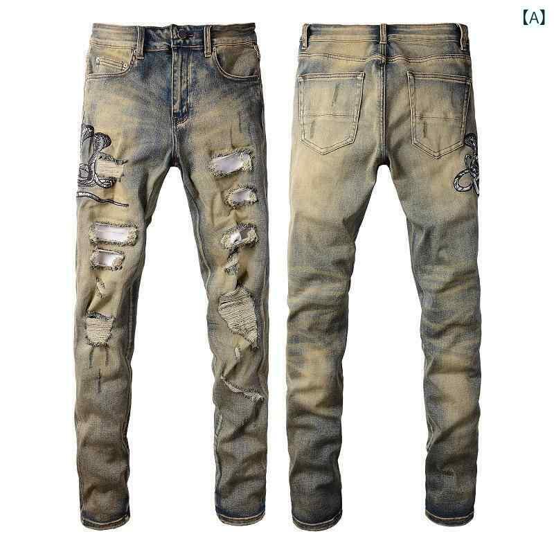 デニム メンズ デニムパンツ ジーンズ ジーパン ダメージ加工 テーパードパンツ スキニーパンツ ウォッシュ加工 ブラウン カジュアル 普段使い