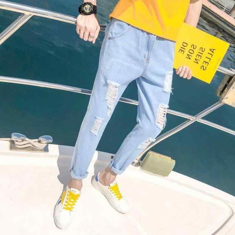 ジーンズ メンズ ダメージ加工 9分丈 ストレート デニムパンツ 男性用 ジーパン ボトムス パンツ ズボン オールシーズン 韓国 スタイリッシュ(x2)