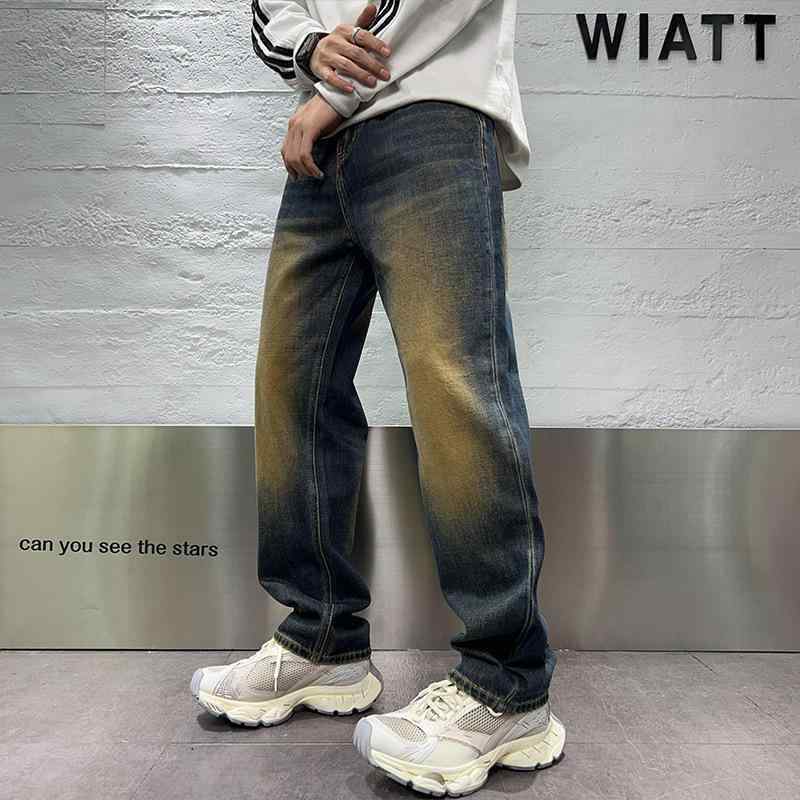 デニム メンズ ジーンズ 高腰 ストレート レトロ ウォッシュ加工 多ポケット デニムパンツ 春秋 男性用 ジーパン Gパン