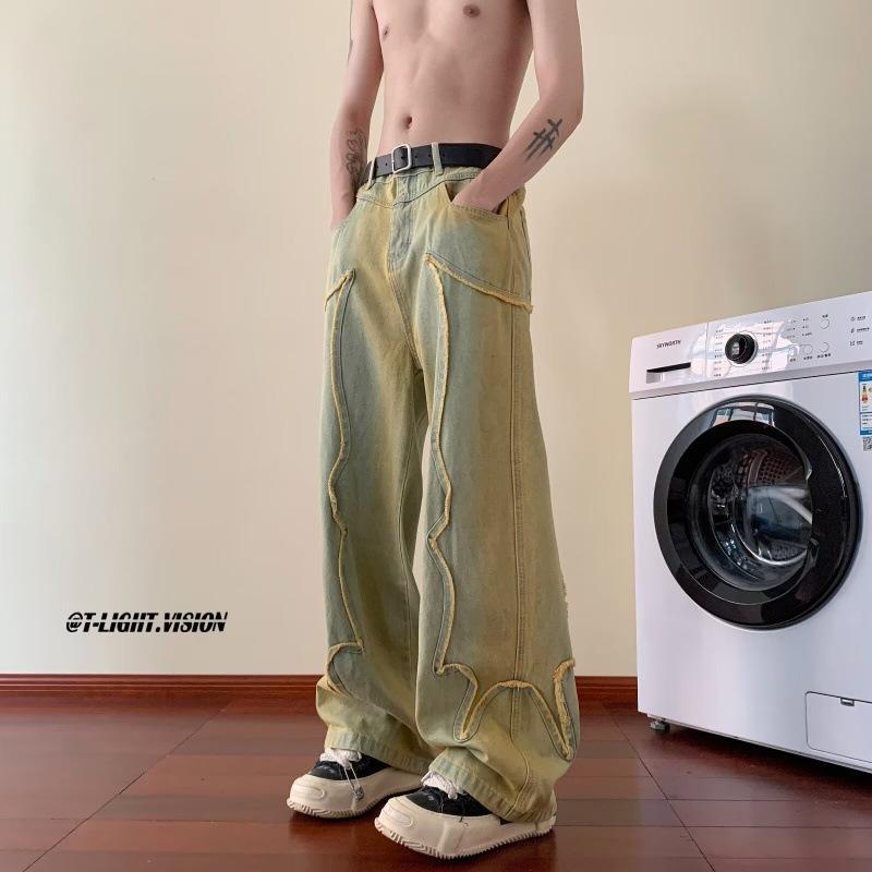 ジーンズ メンズ ヴィンテージ風 ウォッシュ加工 ストレート ゆったり デニムパンツ カーキ