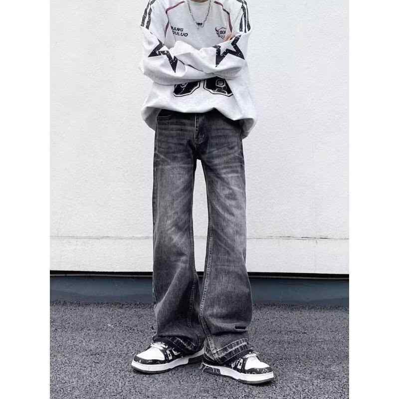 ジーンズ メンズ ウォッシュドデニム ストレートパンツ ゆったり ヴィンテージ加工 ブラック 黒 普段使い