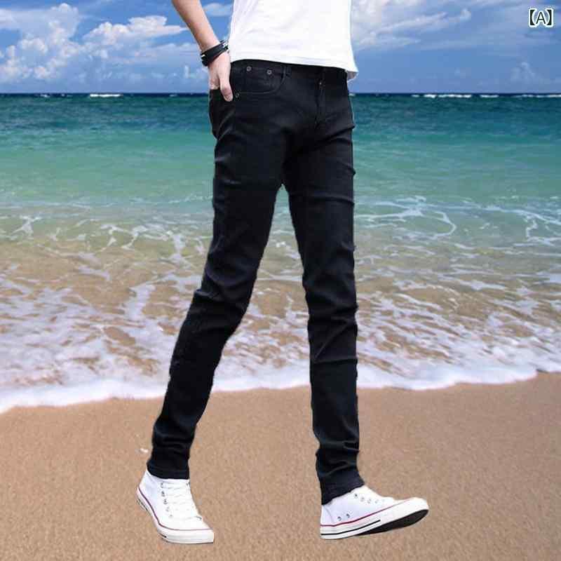 デニム メンズ ジーンズ ジーパン 男性用 9分丈パンツ ズボン ボトムス 韓国 ゆったり 伸縮性 ウォッシュ加工 ブラック 黒 ブルー 青