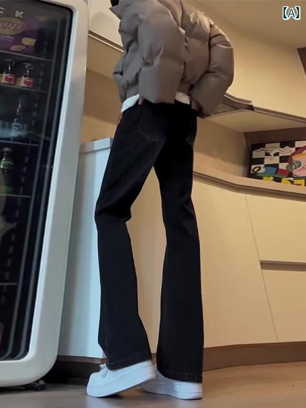 ジーンズ メンズ スリム ストレート 微フレア デニムパンツ カジュアル 黒 綿 微ストレッチ