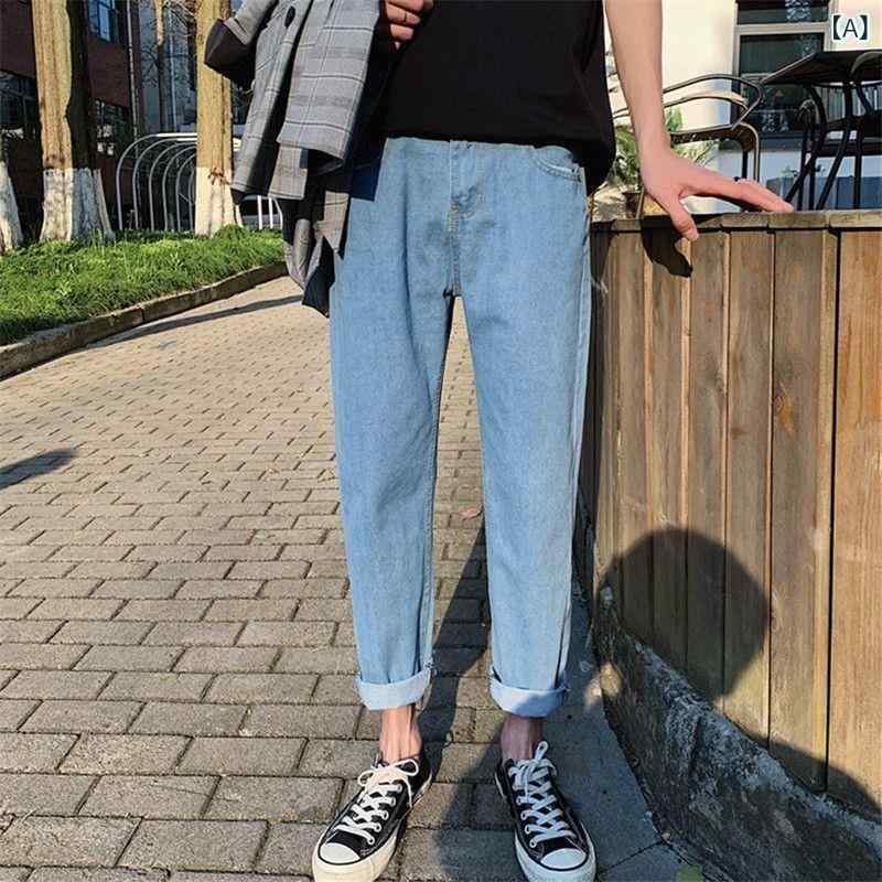 ジーンズ メンズ デニムパンツ 9分丈 ワイド ストレート ルーズフィット ウォッシュ加工 薄手 春 カジュアル 韓国 ジーパン ボトムス ズボン(x2)