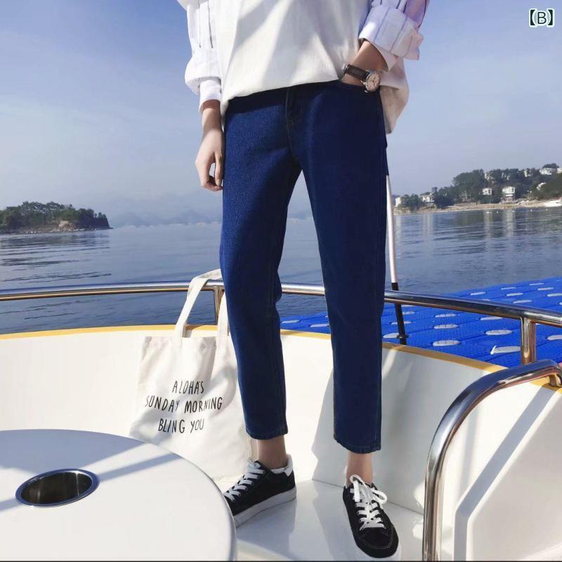 ジーンズ メンズ デニムパンツ 9分丈 ワイド ストレート ルーズフィット ウォッシュ加工 薄手 春 カジュアル 韓国 ジーパン ボトムス ズボン(x2)