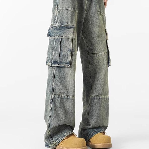デニム メンズ ジーンズ ワイド ストレート カーゴパンツ 水洗い加工 ユーズド加工 ジーパン Gパン 作..