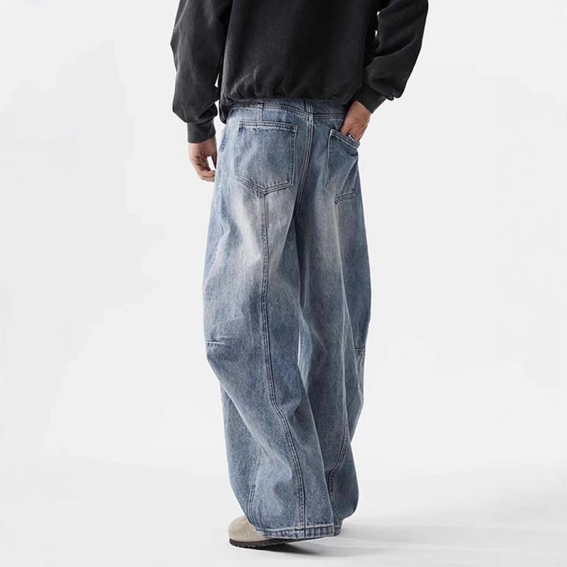 デニム メンズ 水洗い ワイドレッグ バギーパンツ ストレート ジーンズ ヴィンテージ加工 デニムパンツ ジーパン 青 ズボン ボトムス カジュアル