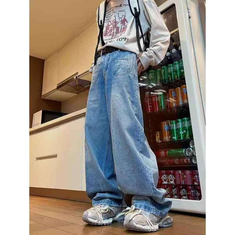 ジーンズ メンズ 水洗いデニムパンツ ルーズフィット ストレート ワイドレッグ カジュアル ロングパンツ 青 ブルージーンズ S M L XL XXL XXXL