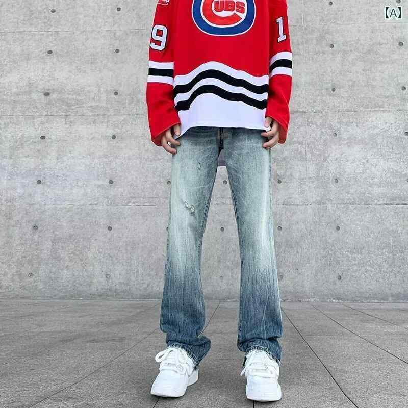 デニム メンズ ローライズ ストレート ロングパンツ ダメージ加工 ウォッシュ加工 秋物 ジーパン Gパン ズボン ボトムス 韓国 アメカジ