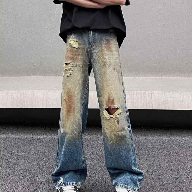 デニム メンズ 水洗い加工 ストレートジーンズ ワイドレッグパンツ ブルージーンズ ジーパン 春秋 男性..