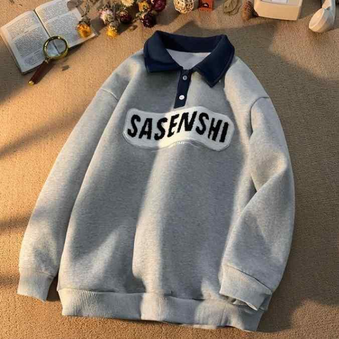 ポロシャツ メンズ スウェット プルオーバー トップス レトロ 配色 襟付き リラックスフィット カレッジスタイル ポリエステル 普段使い(x2)