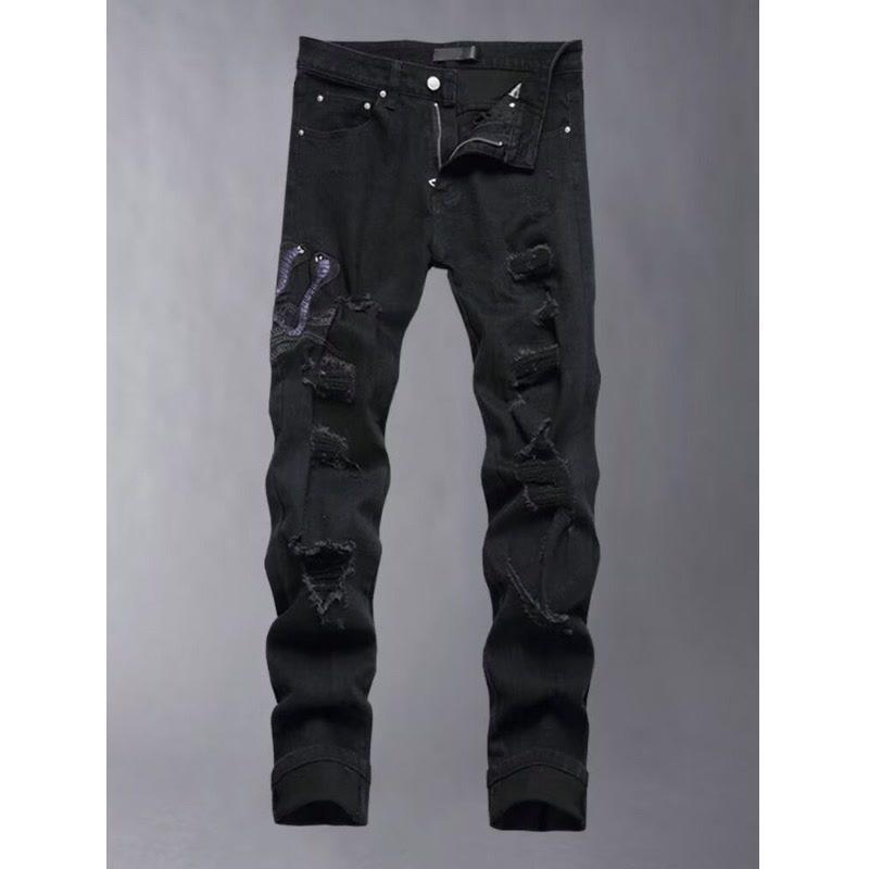 デニム メンズ ストレッチ スキニー ジーンズ 黒 ダメージ加工 切り替え パッチワーク カジュアル スタイル