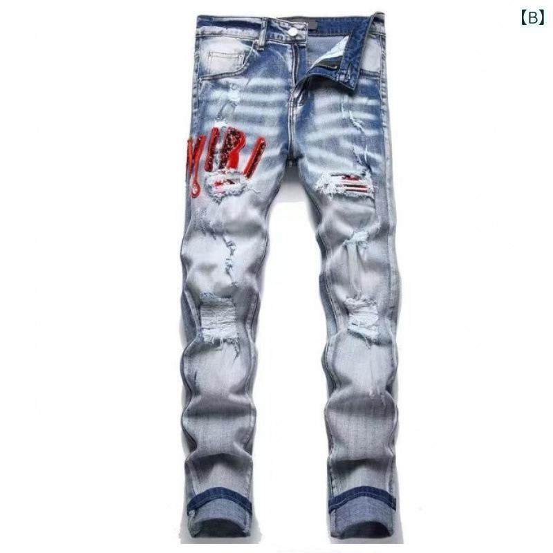 デニム メンズ パッチワーク ストレートパンツ ジーパン ズボン カジュアル ゆったり おしゃれ ブルー