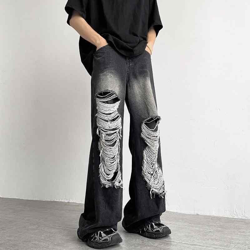 デニム メンズ ダメージジーンズ ストレート ゆったり ワイドレッグ ロングパンツ カジュアル ウォッシュ加工 ブルー ブラック