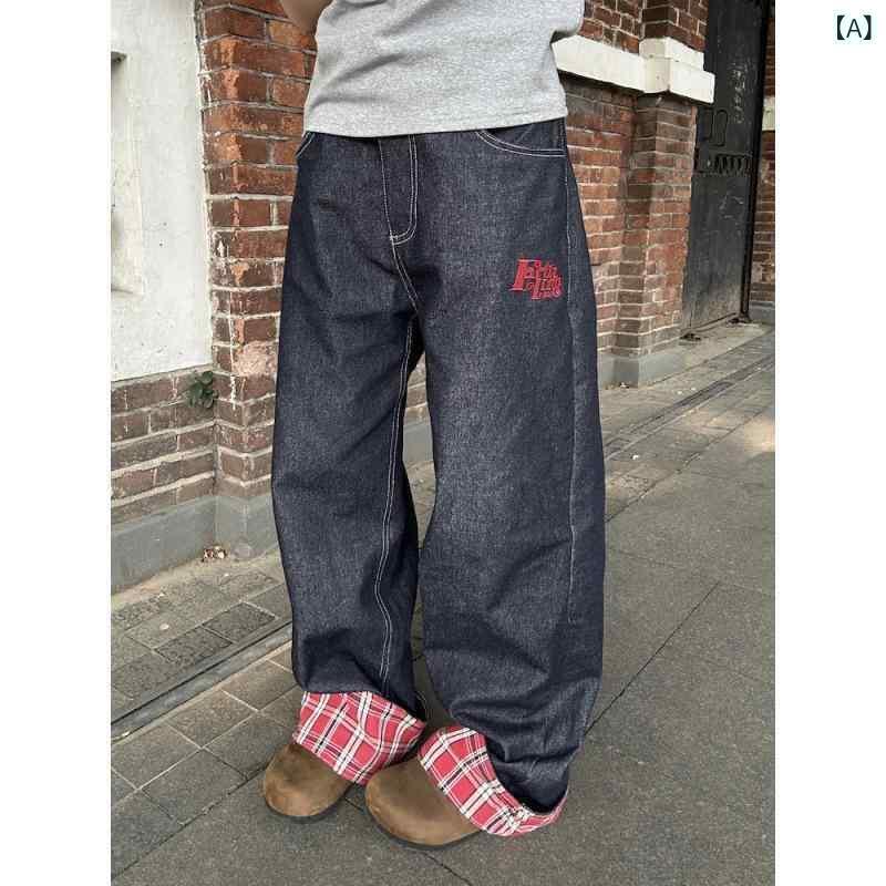 デニム メンズ 格子柄 切り替え テーパードパンツ ストレート ルーズフィット 普段使い