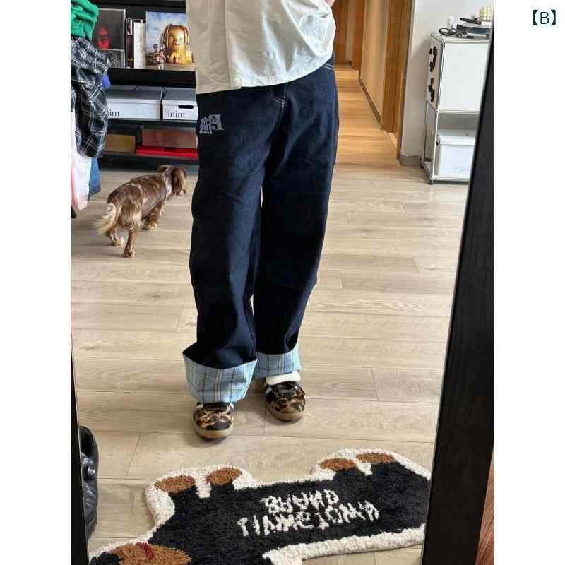 デニム メンズ 格子柄 切り替え テーパードパンツ ストレート ルーズフィット 普段使い