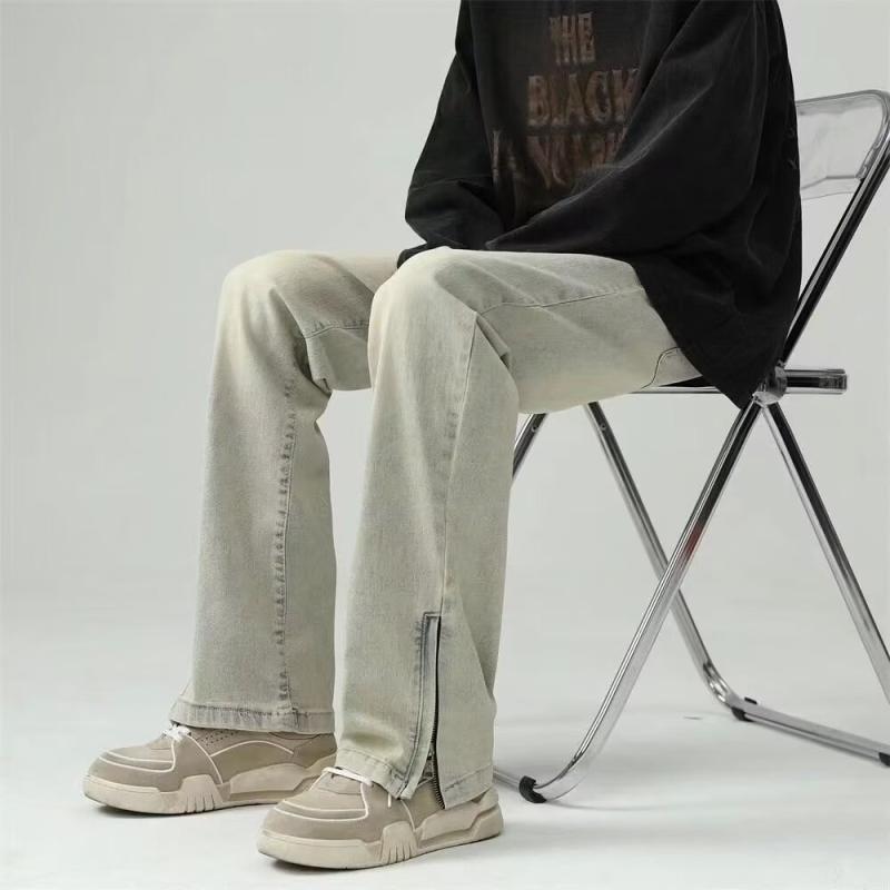 デニム メンズ ストレートジーンズ ウォッシュ加工 ゆったりシルエット ロングパンツ カジュアルスタイル 黄色 普段使い